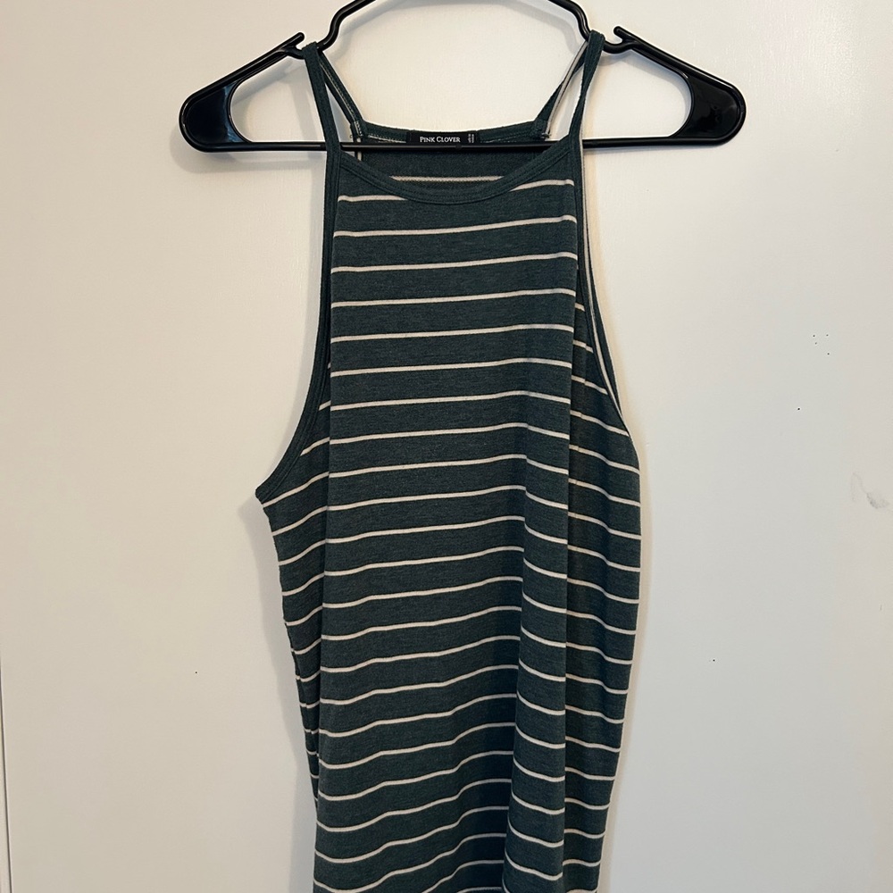 Pink Clover Green Fitted Tank Top with High Neckline